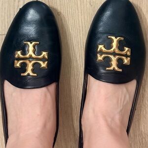 Tory Burch Black Leather Flats with Gold Emblem